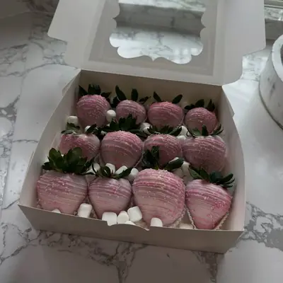Blush dipped strawberries with white chocolate drizzle